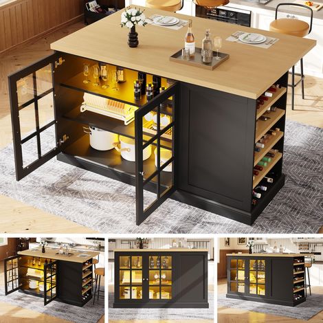 Table de bar/îlot de cuisine pliable et multifonctionnelle avec éclairage LED intelligent, casier à vin incliné et tiroir de rangement, gain de place pour les petits appartements, alimentation USB