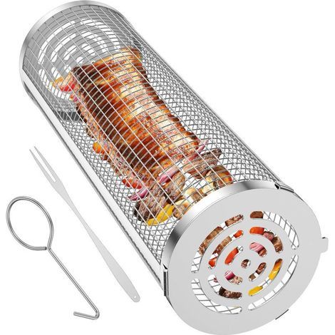 Rolling Grill Basket,Stainless Steel Wire Mesh Cylinder Grilling Basket, Portable Outdoor Camping Barbecue Rack for Vegetables,French Fries,Fish,Versatile Round Grill Cooking Accessories-1pcs20cm (1/4)