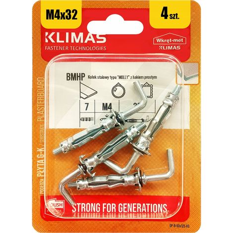 Chevilles Metalliques Molly Klimas 4 x 32 Avec Crochet Droit, Blister De 4