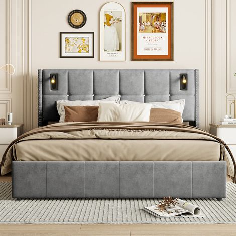 Lit coffre 160 x 200 avec lampe de lecture, lit 2 personnes avec sommier et rangement, lit 160x200 avec sommier à lattes en bois, lit double rembourré en velours gris (1/5)