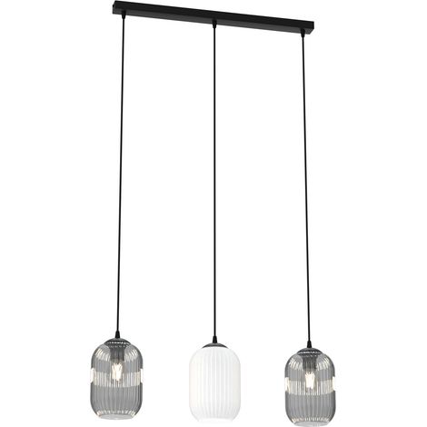 Lampadario 3 Luci Selene In Acciaio Nero E Vetri Plissettati In Bianco E Fumè (1/4)