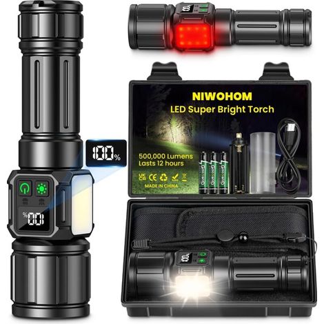 Torche LED Ultra Puissante, Lampe Torche Rechargeable avec Batterie , 9 Modes D'éclairage Zoomable, Base Magnétique, IP67 Étanche, pour Camping Randonnée Pêche
