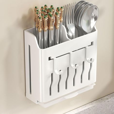 Porte-ustensiles mural blanc avec crochets, organisateur de cuisine suspendu pour couteaux, baguettes, couverts et argenterie, support de rangement pour fourchettes