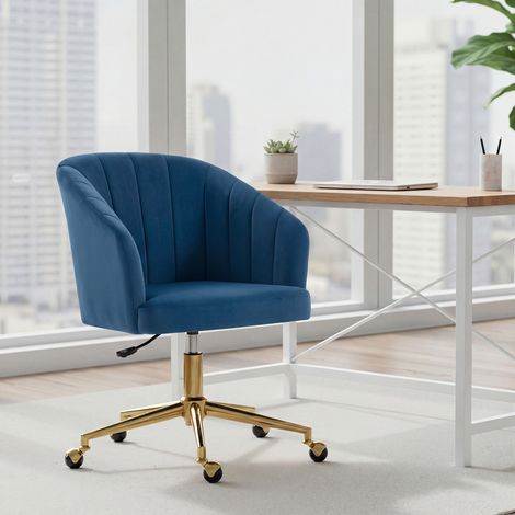 Silla de Oficina con Ruedas de Terciopelo con Respaldo Acolchado Altura Ajustable Espuma Alta Resiliencia Azul