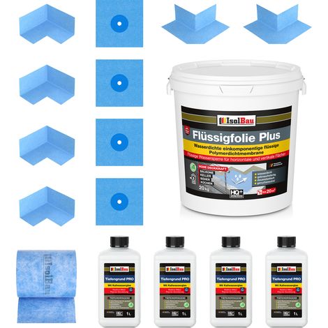 Dichtset 817B Film liquide plus 20 kg Tiefengrund PRO 4L 20 m de ruban adhésif 4 x coins 4 x brassards