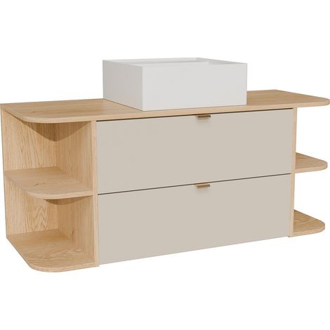 Meuble de salle de bain suspendu avec niches et vasque à poser carrée - Beige et naturel clair - 120 cm - LAVENA (1/4)