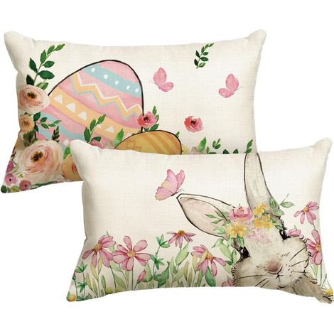 Lot de 2 housses de coussin décoratives pour canapé, salon, 30 x 50 cm, motif lapin, papillon, fleurs, œufs de Pâques (1/5)
