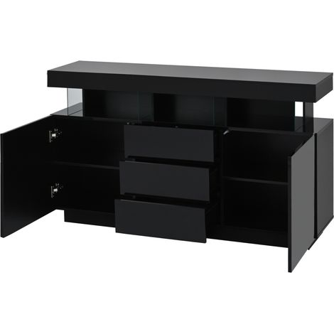 Buffet noir moderne 140 x 35 x 80 cm avec LED, 3 tiroirs, 2 armoires, finition brillante, HOMVRA (1/5)
