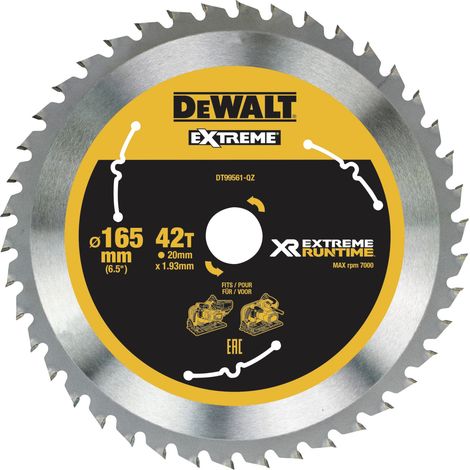 Disco de Sierra, XR EXTREME RUNTIME, 165 mm x 20 mm, 42D DeWalt DT99561-QZ