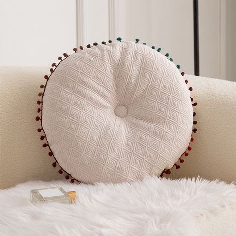 Coussin Décoratif Ronde - Velours Coton 40x40x7 cm - Pour Canapé, Lit, Salon, Bureau, Sol - Blanc - 1 Pièce (1/5)