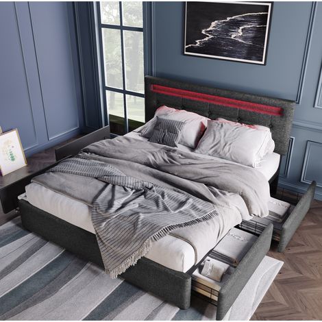 MEUBLIV Lit double rembourré 140 x 200 cm avec tête de lit LED réglable 4 tiroirs de rangement sommier à lattes en bois gris (1/5)