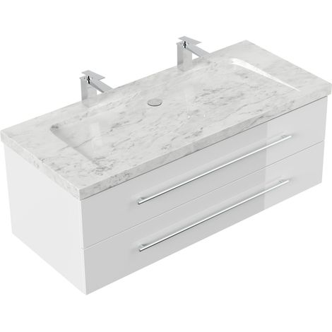 Badmöbel Marmor Carrara White Damo 130 cm 2 Hahnlöcher SoftClose weiß hochglanz