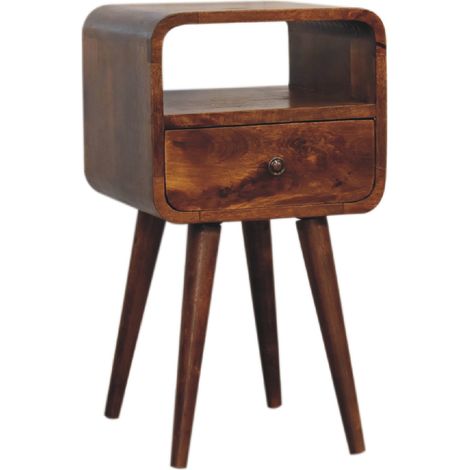 Petite table de chevet courbe ouverte en bois massif, finition châtaigne, 1 tiroir et étagère ouverte, marron foncé (1/5)