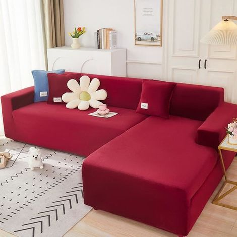 2+3 places housse de canapé en velours, douce et extensible, vin rouge, pour canapé modulaire L, usage salon (1/4)