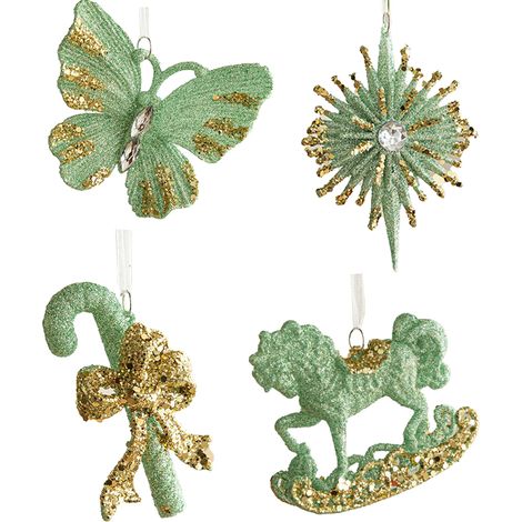 4-teiliger Weihnachtsschmuck (bestehend aus Schaukelpferd, Seestern, Schmetterling und Zeremonienstock) mit hängendem grünen Schmetterlings- und Baumanhänger. (1/2)