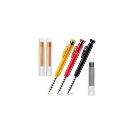 Paquet de 3 Crayons de Menuisier Solide avec 21 Recharges, Crayon Mécanique à Long Nez et Trou Profond Outil de Marquage avec Taille-Crayon Intégré pour Charpentier Cadeau