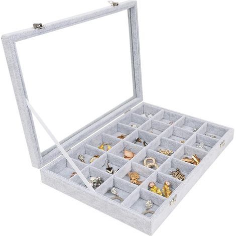 Boite a Bijoux en Velours Gris avec 24 Sections et Couvercle en Verre - Boîte à Bijoux Empilable et Modulable pour Bagues, Colliers, Bracelets, Boucles d’Oreilles et Montres (1/5)