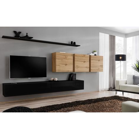 Ensemble mural - Switch VII - 3 vitrines carrées - 2 bancs TV - 2 étagères - Bois et noir - Modèle 2 - Livraison gratuite
