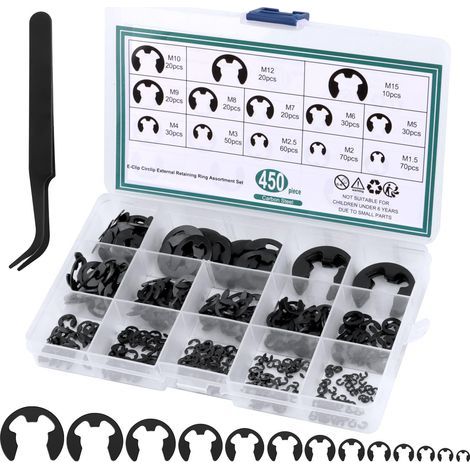 Lot de 450 Circlips Internes et Externes E-Clips - Anneaux de Retenue pour Poulies, Engrenages et Roulements - 13 Tailles avec Boîte (1/5)