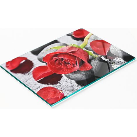 Tabla de servir de cristal para cocina con estampado de rosa roja, 80x52 cm. (1/5)