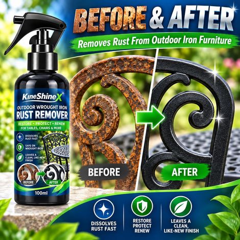 KineShineX Rostentferner für schmiedeeiserne Gartentische und -stühle, Rostentfernungs- und Reinigungsspray für gusseiserne Gartenmöbel (1/4)
