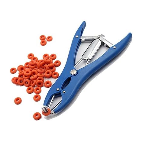 Abrazadera elástica de castración de acero inoxidable para ganado vacuno, porcino y ovino, cinturón, 100 anillos de goma, 21,5 cm, azul