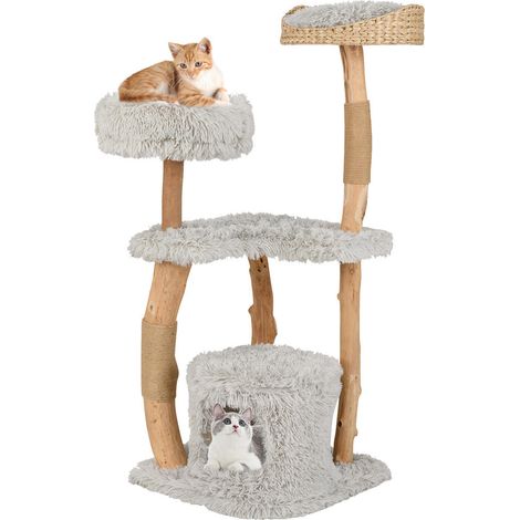 Pour Chat et Chaton Tour Arbre à Chat Intérieur Salon en Bois Massif Panier en Massette et Griffoir Gris (1/5)