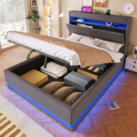 Letto imbottito, 140 x 200 cm, con porta di ricarica USB Type-C, illuminazione a LED, sospensioni idrauliche, vano portaoggetti ribaltabile, materasso non incluso, controllo tramite pulsanti/app, lino