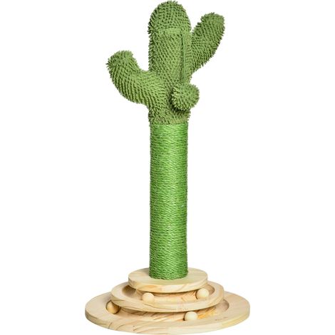 Arbre à chat griffoir cactus en sisal naturel, pompon suspendu, plateforme de jeu avec boules, Ø 32 x 60 cm, vert (1/5)