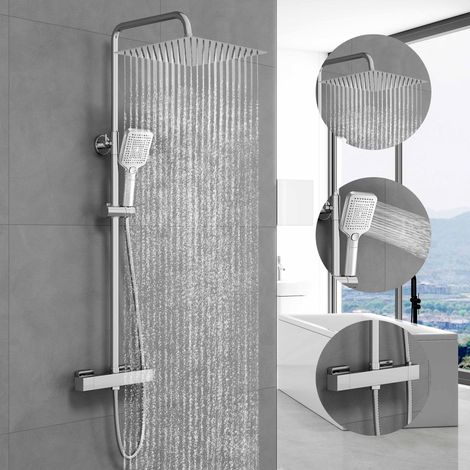 Duschsystem mit thermostat Chrom Dusche Armatur Duschset mit 300mm Kopfbrause, 3 Strahlarten Handbrause, Regendusche Höhenverstellbar Duschsäule Chrom mit Anti-Verbrühungs-Duschsystem