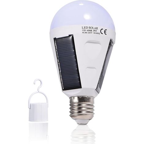Ampoule LED Solaire, E27 Ampoule LED à Panneau Solaire Portable IP65 Étanche Intérieur/Extérieur Randonnée Camping Lampe de Secours Rechargeable Lampe Solaire Portable (12W) (1/5)