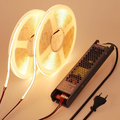Ruban LED COB 24V 20m CRI 93 160W Autocollante avec Transformateur Bande LED Flexible Découpable 312LEDs/m pour Chambre, Bureau, Cuisine, Salon, Eclairage, 10m x 2 (1/5)