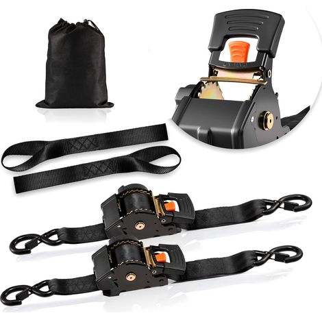 Sangle à Cliquet Rétractable 5 cm x 3 m Sangle d'Arrimage Lot de 2 Sangles Chargement pour Déménagement Remorque Moto Kayak Voiture, avec Crochet S 2 Boucles Souples Résistance à Rupture 1375 kg (1/5)