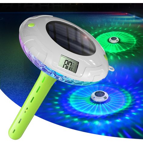 Solarbetriebene Poolleuchte mit zwei LCD-Bildschirmen, gut ablesbarem, schwimmendem Poolthermometer, 8 dynamischen Lichteffekten und wasserdichtem Digitalthermometer (IPX7).