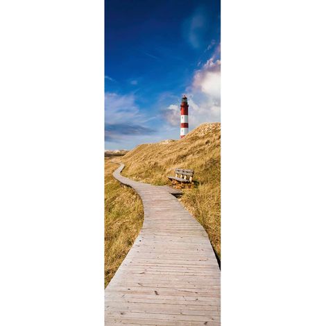 Papier peint panoramique phare pour salle de bain | Tapisserie panoramique plage avec chemin en bois | Papier peint panoramique idéal couloir - 280 x 100 cm (1 pièce) (1/2)