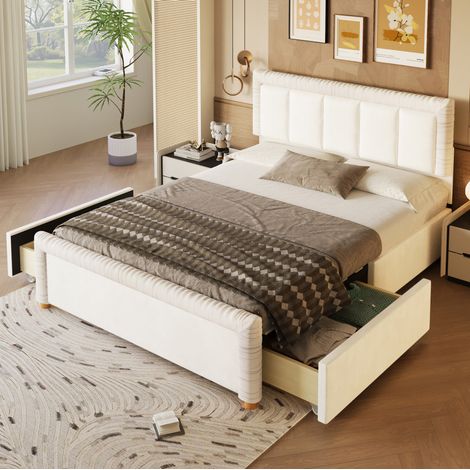 Letto matrimoniale 140x200 cm in velluto francese beige con 2 cassetti - CHICFURN (1/5)
