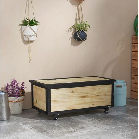 Cassapanca da giardino in legno 121 L con ruote, resistente alle intemperie, naturale OKWISH (1/5)