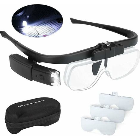 YMYNY Lunette Loupe Eclairante LED 2 Lumières, Loupe Serre-Tête pour Lecture Précision Travail Horloger Malvoyant Main , USB Rechargeable Loupe Frontale Grossissante Interchangeable 1.5X, 2X, 2.5X (1/4)