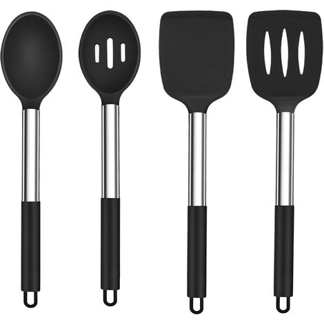 Utensili da cucina, set da 4 pezzi in silicone con manici in acciaio inox per friggere, cucinare, sano, resistente al calore, antiaderente, lavabile in lavastoviglie - Nero