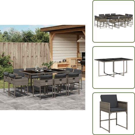 The Living Store Ensemble à manger de jardin 11pcs avec coussins gris poly rotin - Salon De Jardin - Meuble De Jardin - Set De Jardin - Mobilier De Jardin - Table De Jardin