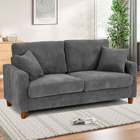 Divano a 2 posti in velluto a coste, grande divano dritto moderno imbottito con sedute extra profonde da 56 cm - 2 cuscini - 178x76x89 cm - Grigio