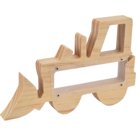 Tirelire pour enfants, mignonne tirelire en bois transparent en forme de chariot élévateur, ajourée et recyclable, idéale pour la décoration intérieure. (1/5)