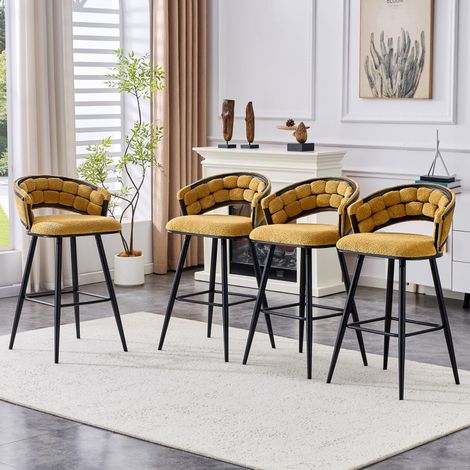 Ensemble de 4 chaises suspendues en velours jaune avec pieds en fer noir, tabourets de bar modernes pour l'espace bar à domicile (1/5)