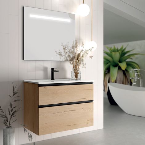 Meuble de salle de bain simple vasque - 2 tiroirs - CREMA et miroir Led VELDI - 80cm (1/4)
