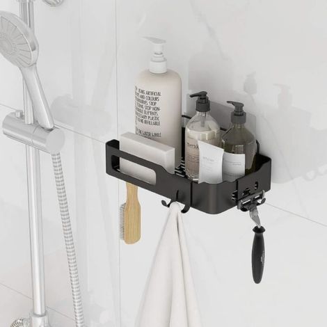 Etagere de douche Noir sans perçage, Étagère salle de bain avec 3 crochet pour cuisine, chambre, salle de bain (1/4)