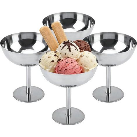 Cuencos de acero inoxidable para helado, postres y cócteles - Vajilla elegante con tallo alto - 200 ml - 4 piezas - Color plata (1/5)