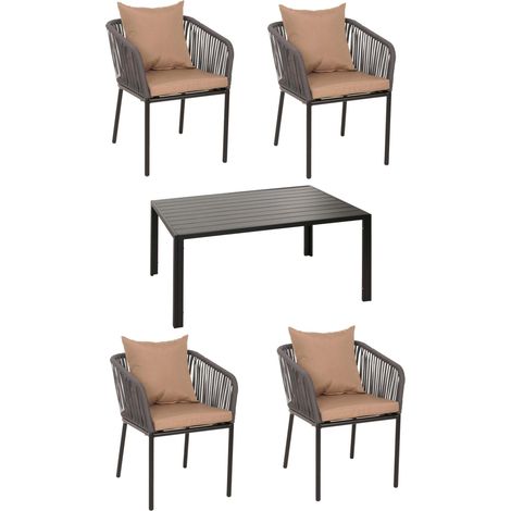 [NEUWERTIG] Gartengarnitur HHG-616, Tisch+4xStuhl, wetterfest Alu 140x80cm, Seilgeflecht Rope anthrazit Kissen taupe