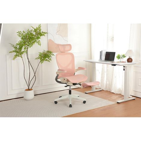 Chaise de Bureau Ergonomique Pliable - 62x48.5x129cm - Fauteuil Maille Gain de Place Assise Coulissante avec Repose-Pieds - Rose (1/5)