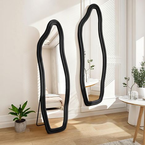 Grand Miroir sur pied 160x50 cm, miroir mural, verre HD incassable, cadres en velours de tissu, Conception à vagues irrégulières ,convient chambres, salons, dressings - Noir (1/4)