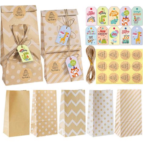 Sac Kraft de 1 pièce, lot de pochettes cadeaux en papier kraft incluant stickers, étiquettes et corde, fournitures DIY pour anniversaire, baby shower, fête, invités, emballage cadeau maison. (1/4)